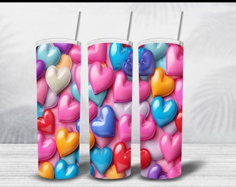 3D Seamless Colorful Puffy Heart Tumbler Wrap, Inflated Heart Tumbler Wrap Png , Puff Inflated Tumbler Png Wrap, Commercial Use