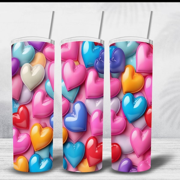 3D Seamless Colorful Puffy Heart Tumbler Wrap, Inflated Heart Tumbler Wrap Png , Puff Inflated Tumbler Png Wrap, Commercial Use