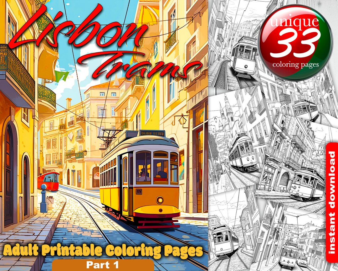 Lisbon Trams Coloring Book: 33 Printable Pages & 6 Posters (digital ...