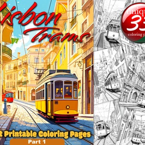 Lisbon Trams, Lisboa, Coloring Book for adults, 33 Instant download printable pages and 6 posters