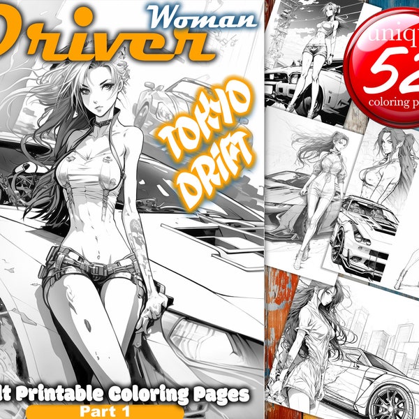 Femme Chauffeuse | Tokyo Drift Partie 1 | 52 pages en niveaux de gris imprimables pour adultes | Téléchargement instantané | 52 fiches de différences | Voiture de sport | art mural