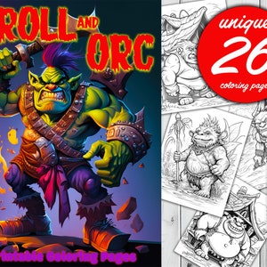 Troll and Orc -  Coloring Page - Printable  Coloring  Book - Instant Download Grayscale Illustration PDF + bonus 3 pack poster