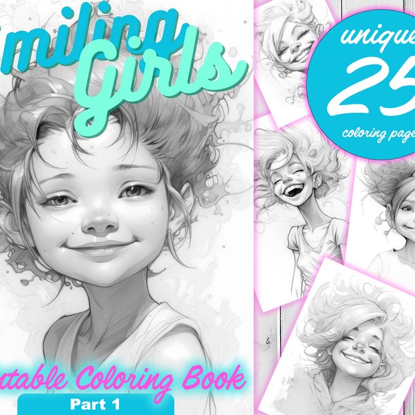 Smiling Girl Portrait - Beautiful Girl - Grayscale Coloring Page - Printable Family Coloring Pages Book - Instant Download  Illustration PDF