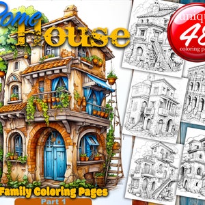 Rome House,  Italian Stone building, Roman architecture in Cartoon style, 48 Printable Pages for Adults, instant download PDF file
