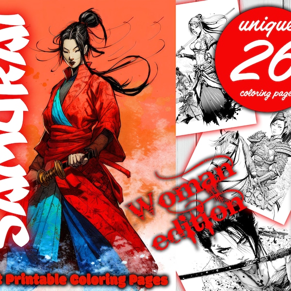 Samurai Warrior - Woman edition - Grayscale Coloring Page - Printable Adult Coloring Pages Book - Instant Download Grayscale PDF