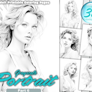 May include: A set of 38 grayscale coloring pages featuring portraits of women with different hairstyles. The title of the set is "Grayscale Portrait Part 6".