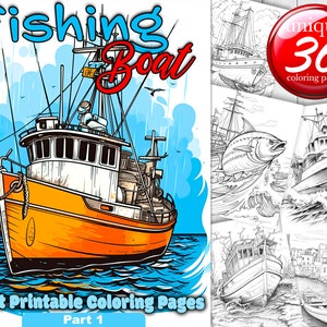 Fishing Boats  - Grayscale Coloring Page for Adults or  Family - Printable Coloring Pages Book - Instant Download  Illustration PDF
