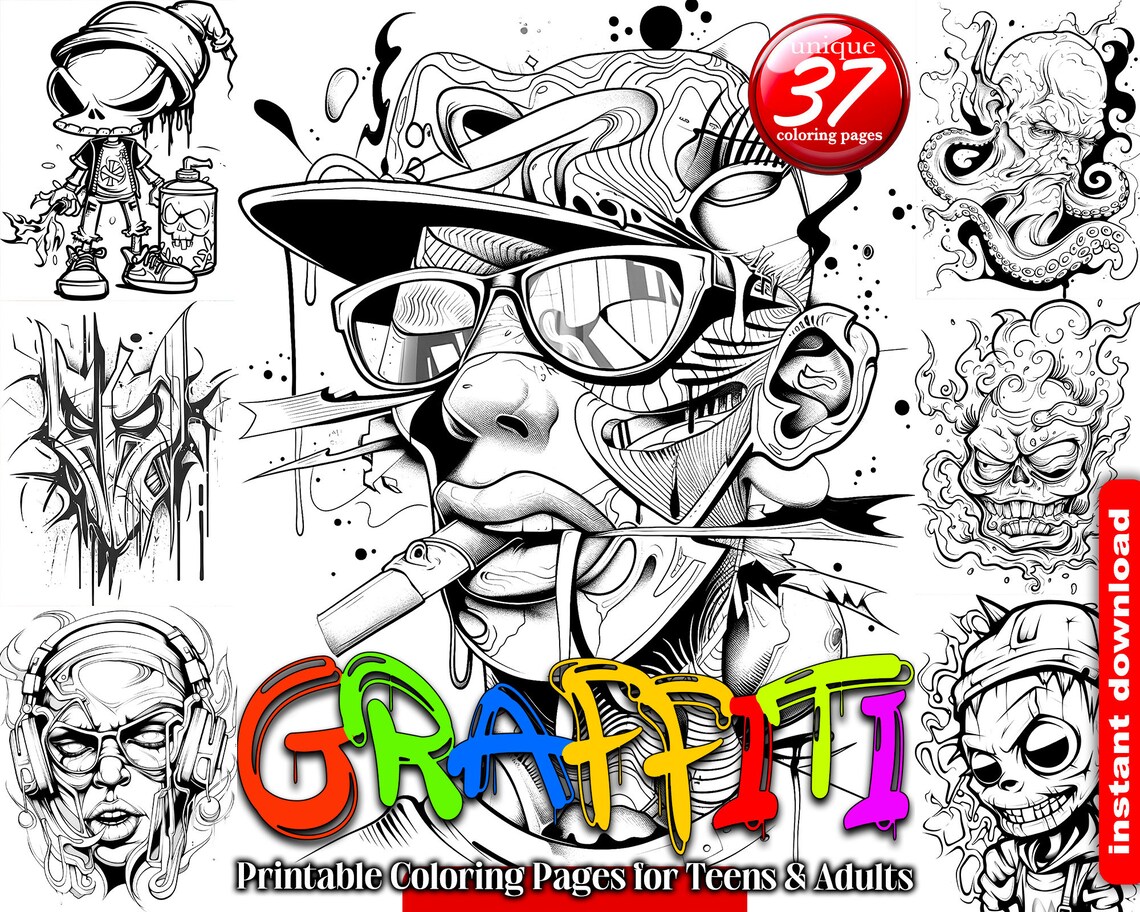 Graffiti Street Art Wall Art Printable Coloring Book Adults Coloring 37 ...