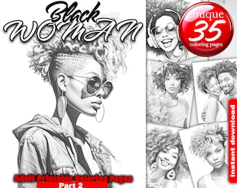 Afro Black Woman Coloring Book: Grayscale Portraits, 35 Pages (Instant Download PDF)