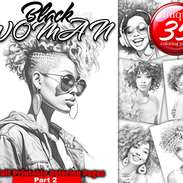 Afro Beautiful Black Woman, Grayscale Coloring Book for Adult, 35 Coloring Pages, Printable Adult Coloring Pages Book - Instant Download PDF