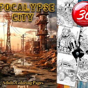 Apocalypse City, Adult Coloring Book, 36 printable coloring page, Instant download