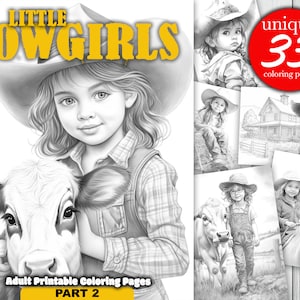 Little Cowgirls | Western Cute Girl | Coloring pages for Adult |  Wild West | Instant download PDF | 33 Grayscale Sheets - part 2