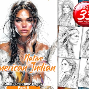 American Indian Woman  - Grayscale Coloring Page | Printable Adult Coloring Pages Book - Instant Download Grayscale PDF - Part 6