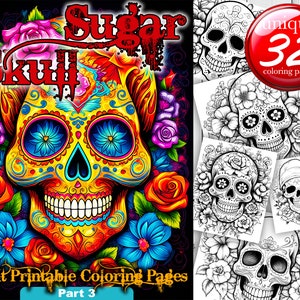 32 Skull With Flowers - Adult Grayscale Coloring Pages - Adult Coloring Book - Instant Download - Flowers, Skulls - Horror  Page - Part 3