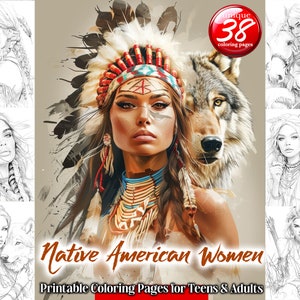 American Indian Woman  - Grayscale Coloring Page | Printable Adult Coloring Pages Book - Instant Download Grayscale PDF
