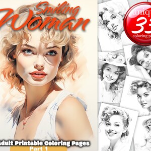 Puede incluir: Ilustración de una mujer con cabello rubio y ojos azules, con el texto "Smiling Woman" encima. La imagen también incluye una colección de páginas para colorear en blanco y negro y el texto "Adult Printable Coloring Pages Part 1".