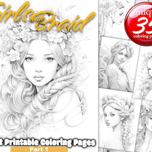 Girl With Braid,  35 Adult Coloring Pages, Instant Download, Grayscale Coloring Book, Printable PDF File