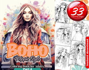 Boho Fashion Style Women  - Hippie Girls Portraits | Grayscale Printable Adult Coloring Pages - Easy instant Download & Print PDF - Part 4