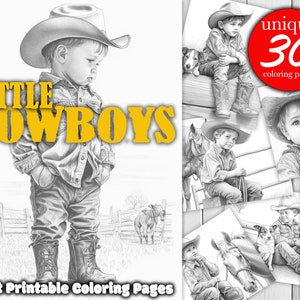 Mały kowboj | Western Cute Boy | Kolorowanki dla dorosłych | Dziki Zachód | Natychmiastowe pobranie pliku PDF | 30 arkuszy w skali szarości