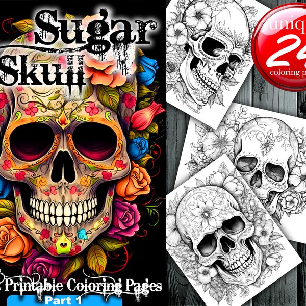 24 Skull With Flowers - Adult Grayscale Coloring Pages - Adult Coloring Book - Instant Download - Flowers, Skulls - Horror Coloring Page