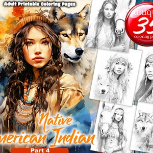American Indian Woman  - Grayscale Coloring Page | Printable Adult Coloring Pages Book - Instant Download Grayscale PDF - Part 4