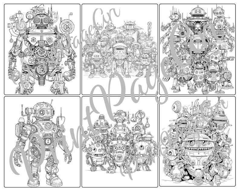 Robots Army Coloring Pages Grayscale Coloring Page for Adcult Instant ...