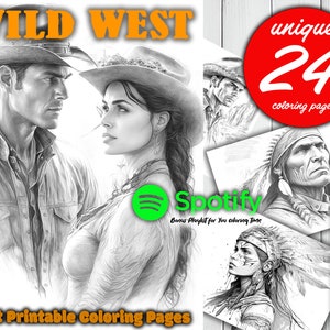 Wild West - Grayscale Coloring Page | Printable Adult Coloring Pages Book - Instant Download Grayscale  PDF