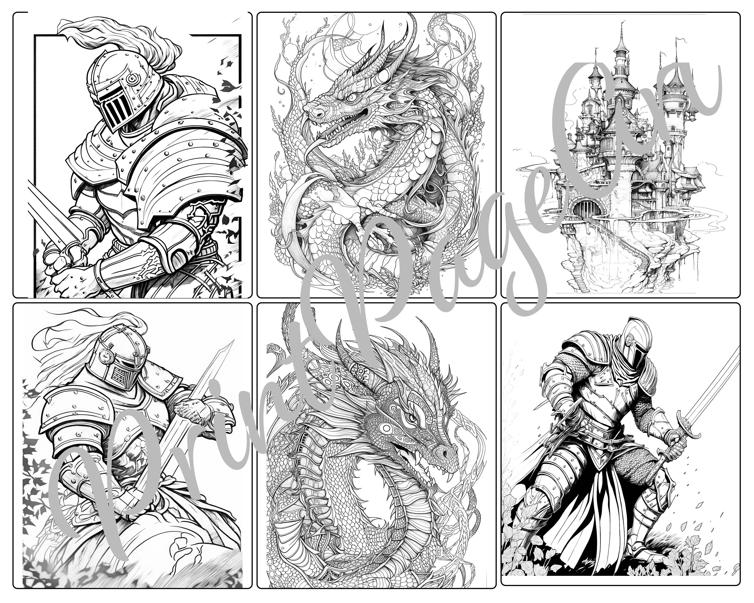 Knight Vs Dragon Grayscale Coloring Page Printable Adult - Etsy