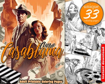 Classic Casablanca Romance, Movie Coloring Book, Couple Love, 33 Coloring Grayscale Page for Adults