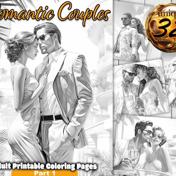 Romantic Couples, Summer Love, Grayscale Coloring Book for Adult, 32 Coloring Pages, Printable Adult Coloring Pages - Instant Download PDF