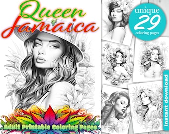 Queen of Jamaica, Grayscale Woman Portrait, Coloring Book, 29 Printable pages