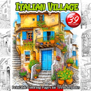 Italian Village, 38 unieke printbare kleurplaten voor tieners en volwassenen