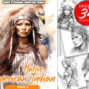 American Indian Woman  - Grayscale Coloring Page | Printable Adult Coloring Pages Book - Instant Download Grayscale PDF - Part 3