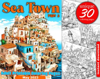 Coloriages Sea Town : illustration en niveaux de gris (PDF à télécharger)