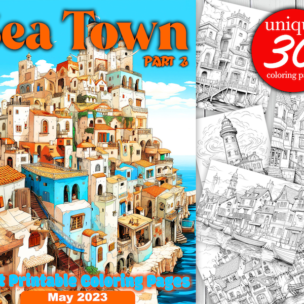 Sea Town - Coloring Pages - Grayscale coloring page for Adcult - Instant Download Illustration PDF - Coloring book ,Part 2