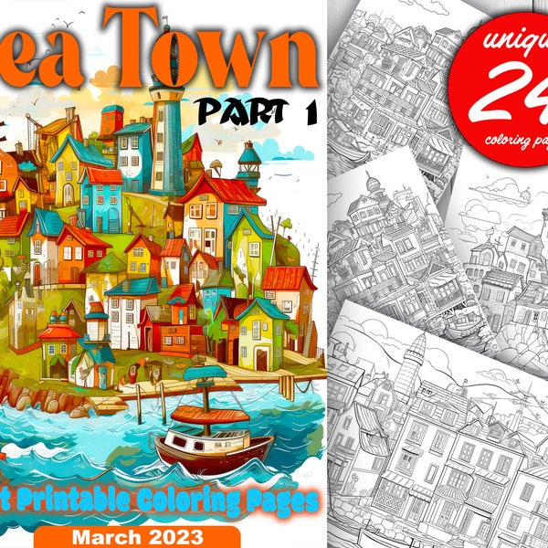 Sea Town - Grayscale Coloring Page - Printable Adult Coloring Pages Book - Instant Download Grayscale Illustration PDF