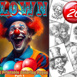 Clown Grayscale Adult Coloring Book: 26 Unique Circus Pages (Instant Download)