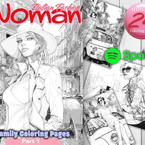 Woman - Italy style - Grayscale Coloring Page - Printable Adult Coloring Pages Book - Instant Download Grayscale Illustration PDF