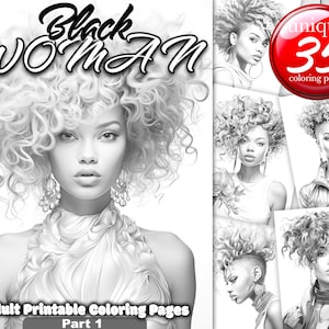 Afro Beautiful Black Woman, Grayscale Coloring Book for Adult, 35 Coloring Pages, Printable Adult Coloring Pages Book - Instant Download PDF