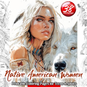 American Indian Woman  - Grayscale Coloring Page | Printable Adult Coloring Pages Book - Instant Download Grayscale PDF