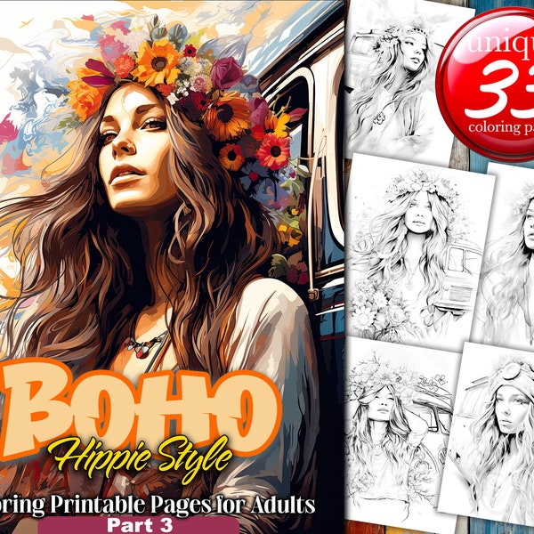 Boho Style Women  - Hippie Girls Portraits | Grayscale Printable Adult Coloring Pages Book - Instant Easy Download  PDF - Part 3