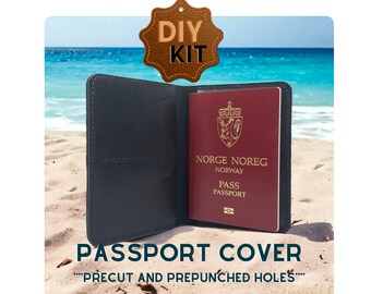 May include: DIY passport cover kit with pre-cut and pre-punched holes. The kit includes a black leather cover and a red passport with the text "Norge Noreg Norway Pass Passport" in white.