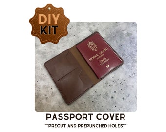 May include: DIY leather passport cover kit in brown with precut and prepunched holes. The kit includes a passport cover and a Norwegian passport.