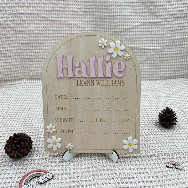 Daisy Flower Birth Sign | Baby Birth Announcement | Arched Wooden Birth Announcement | Personalized Name Sign | Baby Birth Name