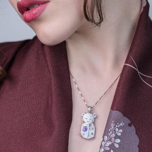Lucky Kokeshi Doll Cameo Pendant 925 Silver Handmade Vintage Jewel Torre del Greco for Girl and Woman