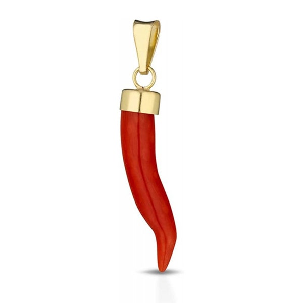 Natural red coral lucky horn handcrafted jewel 925 gold-plated silver Torre del Greco Coral Lucky Horn pendant 2.5 cm approx.