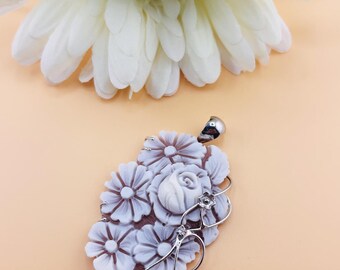 Cameo woman pendant pendant hand engraved 925 silver setting rhodium plated cameo rose flower vintage jewel handmade
