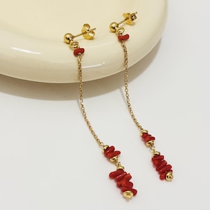 Long earrings in 925 silver with natural red coral from the Mediterranean - Minimal handmade jewelry for elegant women and girls