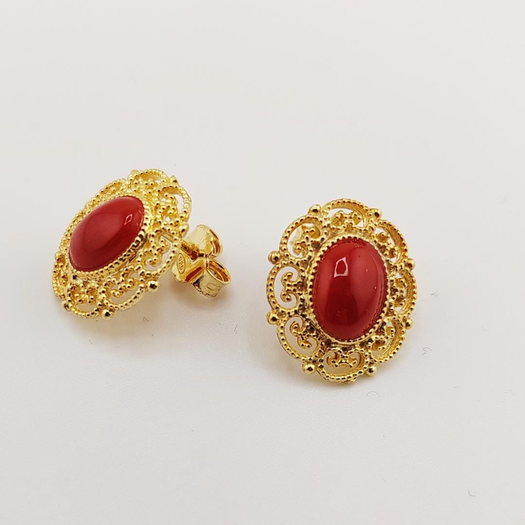 Orecchini A Cerchio In Filigrana Oro Invecchiato Con Pietra Corallo – Lunghi 65 Mm, In Resina - 3