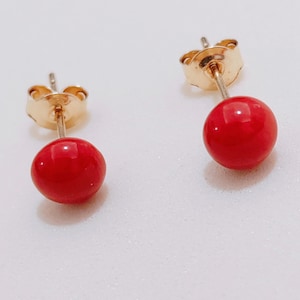 18kt gold earrings Half Sphere Coral handcrafted jewel yellow Gold 18kt Red Coral Half Sphere Earrings handcrafted jewel Made in Italy